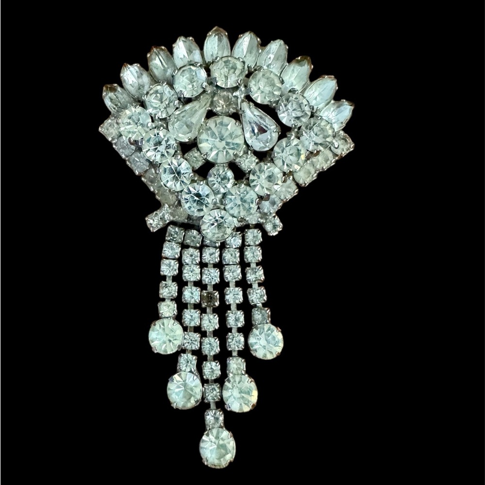 Vtg Sparkly Crystal Rhinestone Dangle Brooch Pin Unique Art Deco Style As Is